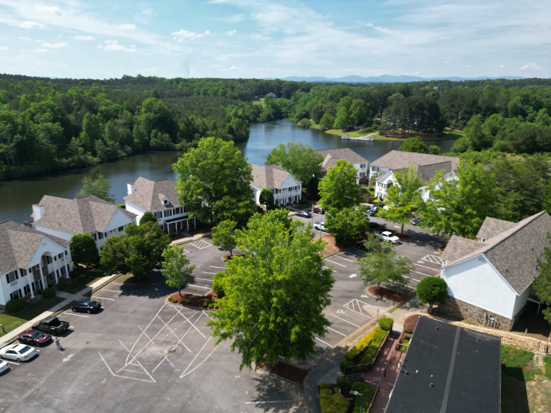Aerial view of the lake and buildings