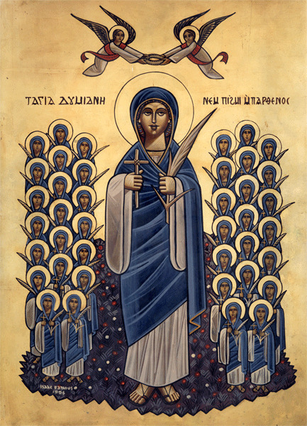 Coptic icon of Saint Demiana surrounded by the Forty Virgins, with two angels bearing a martyr's crown