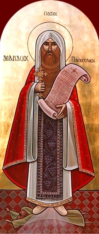 Coptic icon of St. Athanasius the Apostolic holding the Creed