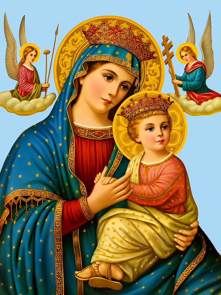 Icon of Saint Mary the Theotokos, crowned and holding the Christ child, with two angels above