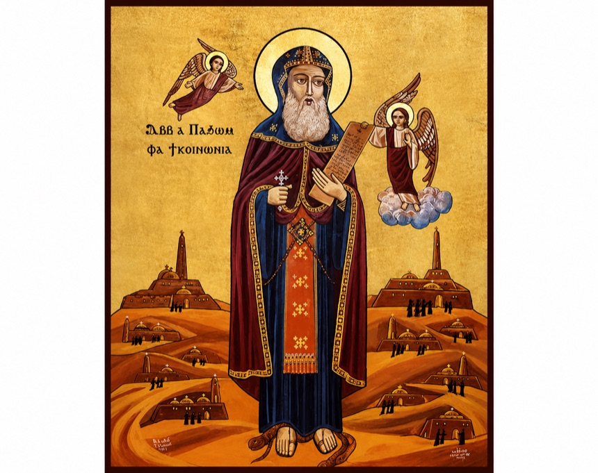 Coptic icon of St. Pachomius amid the monastic villages of the Egyptian desert